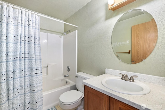 full bath with toilet, shower / tub combo with curtain, and a textured wall