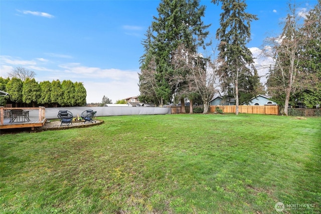 view of yard with a deck and a fenced backyard