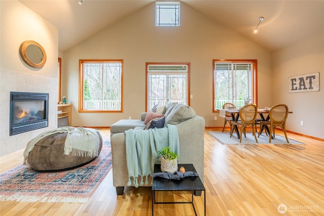 living area with a fireplace, baseboards, and wood finished floors