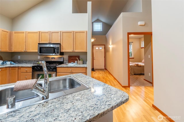 kitchen featuring light wood finished floors, high vaulted ceiling, appliances with stainless steel finishes, and a sink