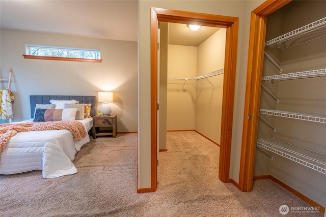 carpeted bedroom featuring a spacious closet, baseboards, and a closet