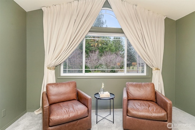 living area with carpet flooring and baseboards