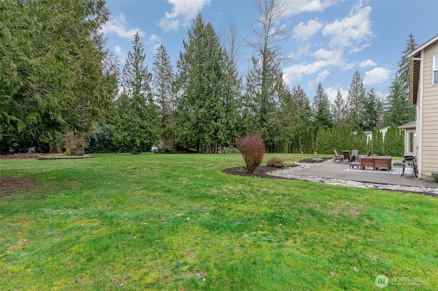 view of yard featuring outdoor lounge area and a patio