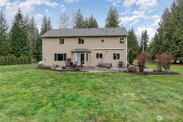 back of property with fence, an outdoor hangout area, a lawn, and a patio