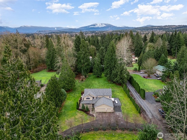 aerial view featuring a wooded view and a mountain view