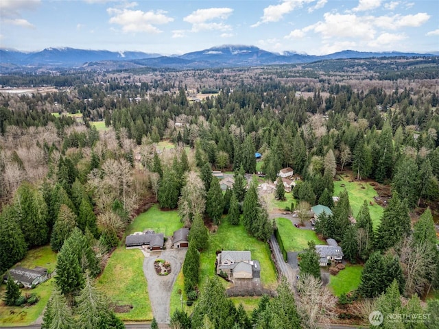 aerial view featuring a mountain view and a view of trees