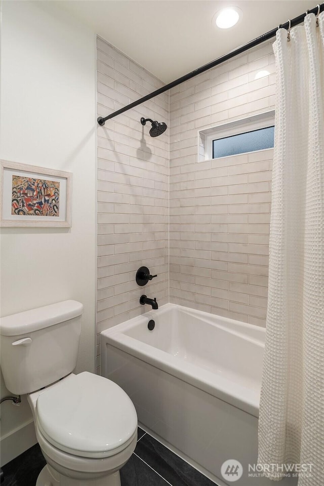 full bath featuring tile patterned flooring, toilet, and shower / bathtub combination with curtain