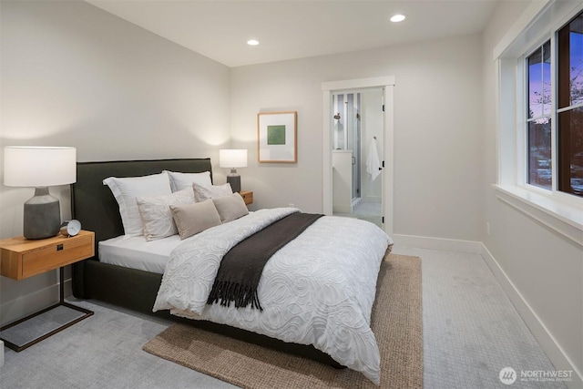 bedroom with light carpet, baseboards, and recessed lighting