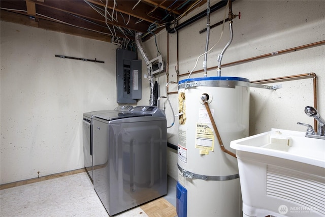 utilities with strapped water heater, electric panel, separate washer and dryer, and a sink