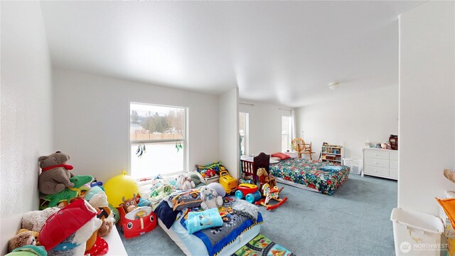 playroom featuring dark colored carpet