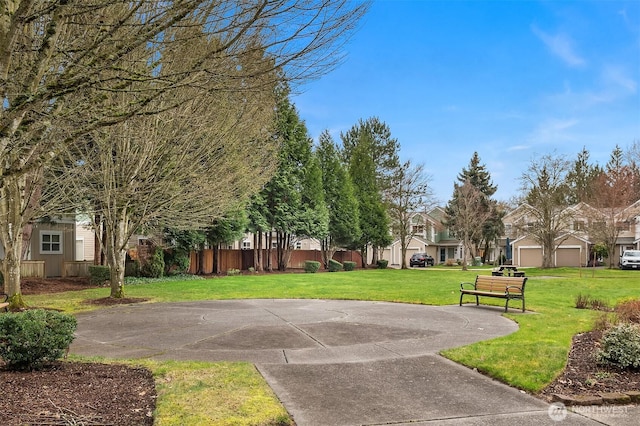 surrounding community featuring community basketball court, a yard, fence, and a residential view