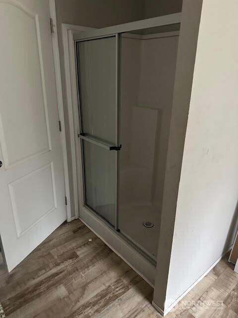 bathroom featuring a shower stall and wood finished floors