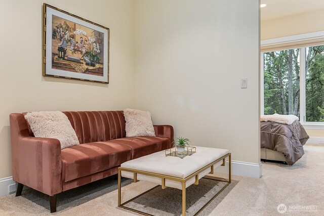 carpeted living room featuring baseboards