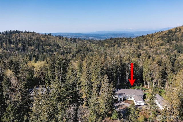 birds eye view of property featuring a forest view and a mountain view