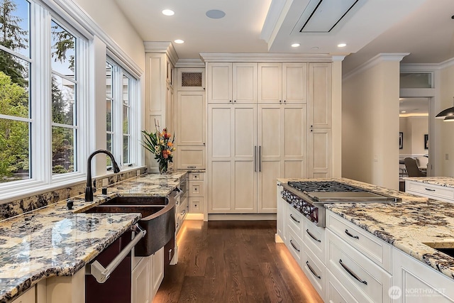 kitchen featuring dark wood-style floors, crown molding, stainless steel gas cooktop, and light stone counters