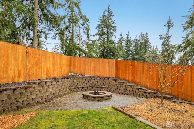 view of yard with a patio, an outdoor fire pit, and a fenced backyard