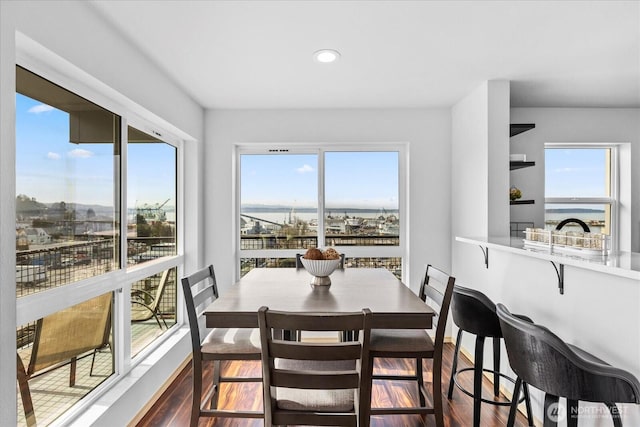 dining room with dark wood-style flooring, plenty of natural light, and recessed lighting