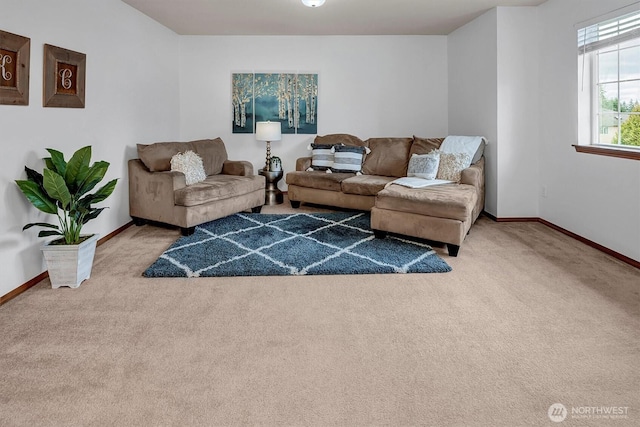 living area featuring carpet floors and baseboards