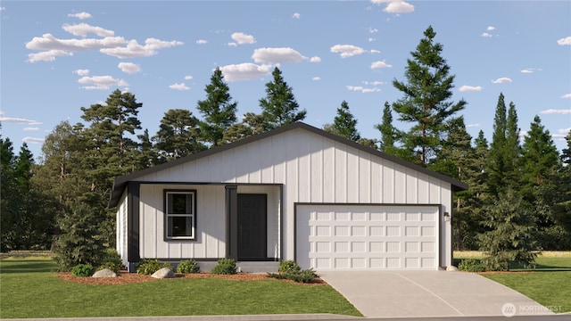 view of front facade featuring driveway, board and batten siding, and a front yard