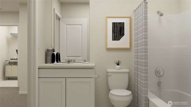 bathroom with toilet, shower / bath combo with shower curtain, and vanity