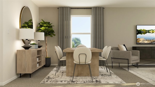 carpeted dining space featuring baseboards