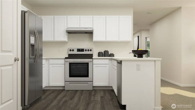 kitchen featuring under cabinet range hood, stainless steel appliances, a peninsula, white cabinets, and light countertops