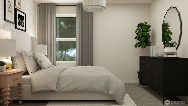 bedroom featuring speckled floor and baseboards