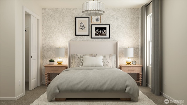 bedroom featuring carpet, baseboards, and wallpapered walls