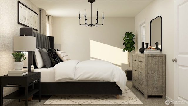 bedroom featuring baseboards, a chandelier, and light colored carpet