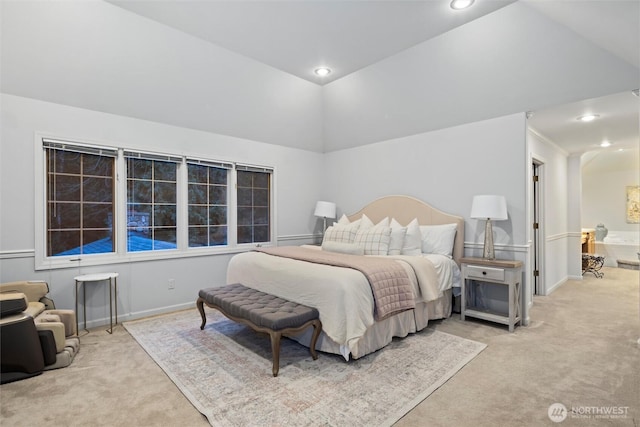 bedroom featuring lofted ceiling, carpet, and recessed lighting