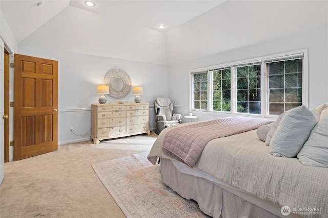 carpeted bedroom featuring lofted ceiling, baseboards, and recessed lighting