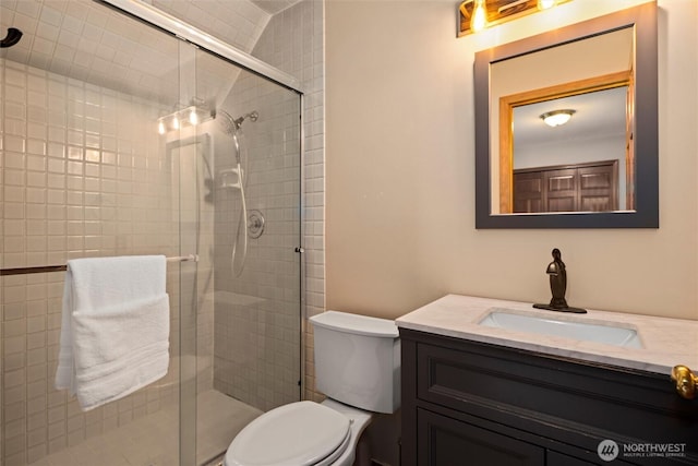 bathroom featuring toilet, a shower stall, and vanity