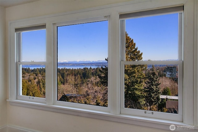 interior details with a water view