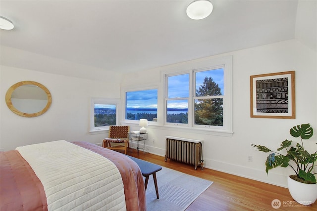 bedroom featuring light wood finished floors, radiator heating unit, and baseboards