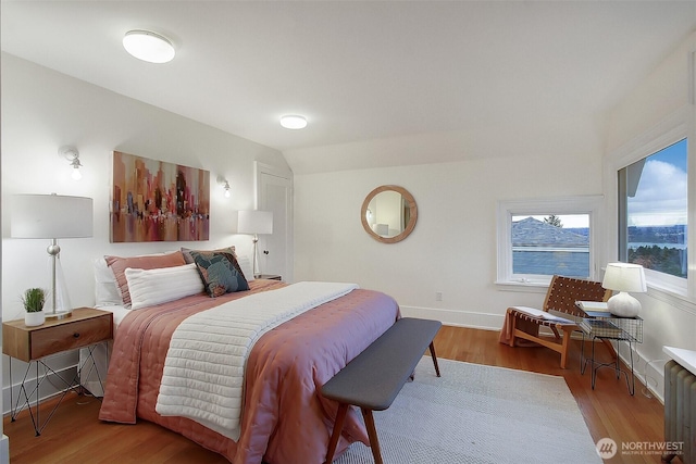 bedroom featuring lofted ceiling, baseboards, and wood finished floors