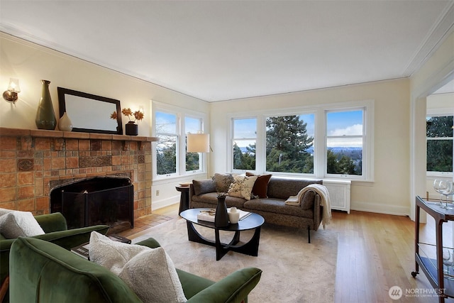 living area with light wood-style flooring, a fireplace, baseboards, and crown molding