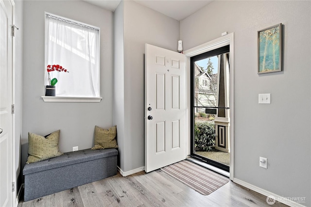 entrance foyer featuring a wealth of natural light, baseboards, and wood finished floors