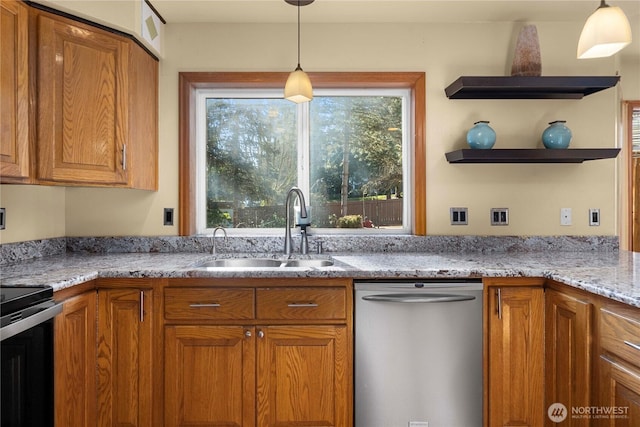 kitchen featuring a sink, decorative light fixtures, stainless steel dishwasher, electric range oven, and brown cabinetry