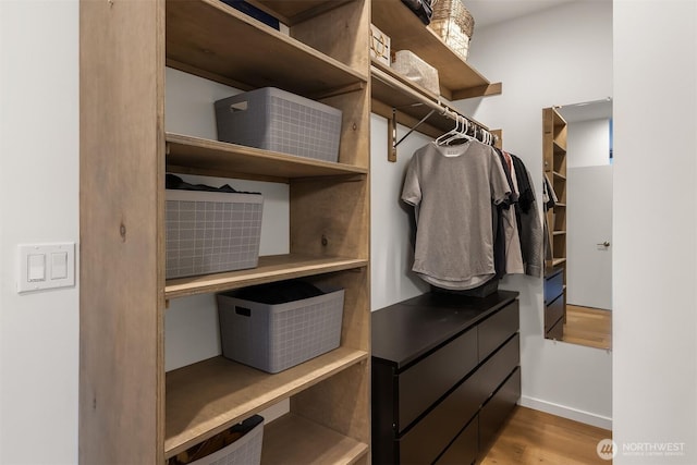 walk in closet with light wood-style floors