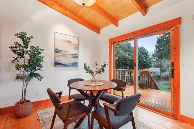 dining space with lofted ceiling with beams, hardwood / wood-style flooring, baseboards, and wooden ceiling