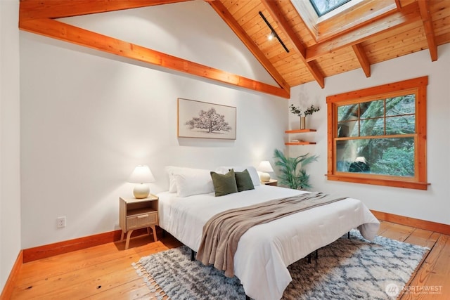 bedroom featuring light wood-style flooring, beamed ceiling, a skylight, and wood ceiling