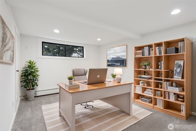 office with a baseboard heating unit, recessed lighting, beam ceiling, and light carpet