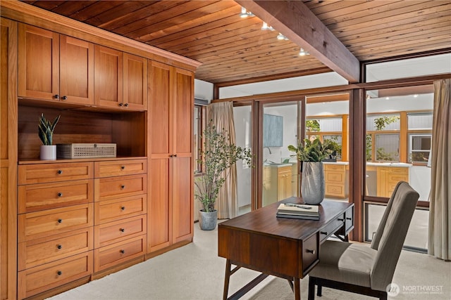 office area featuring wooden ceiling and beamed ceiling