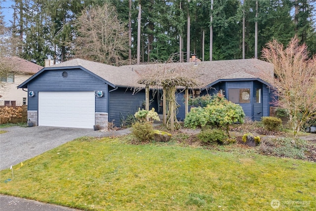 ranch-style house with a garage, a shingled roof, stone siding, aphalt driveway, and a front lawn