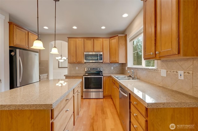 kitchen with light wood-style flooring, a sink, backsplash, a kitchen island, and appliances with stainless steel finishes