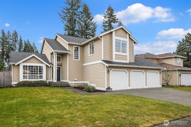 traditional-style home featuring aphalt driveway, a front yard, and fence