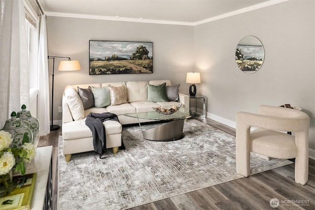 living room featuring baseboards, wood finished floors, and crown molding