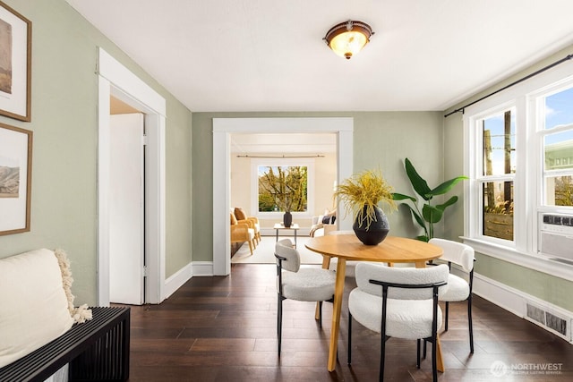 dining room featuring dark wood-style floors, visible vents, and baseboards