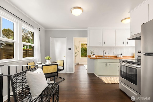 kitchen with under cabinet range hood, white cabinetry, wooden counters, appliances with stainless steel finishes, and dark wood finished floors