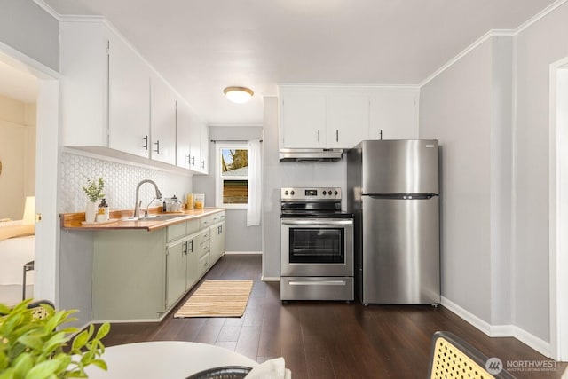 kitchen featuring under cabinet range hood, stainless steel appliances, a sink, white cabinetry, and tasteful backsplash